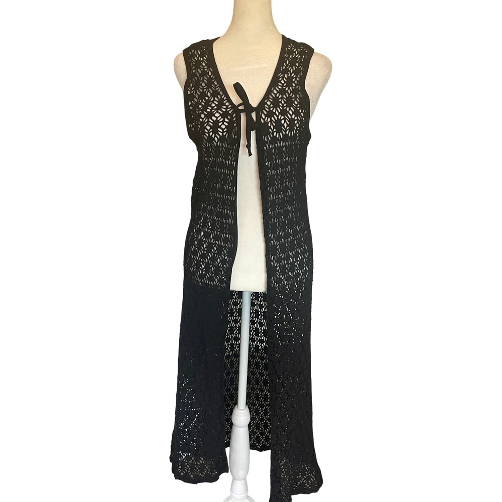 Tomboy Womens Y2K Boho Witchy Crochet Duster Sweater-Vest Festival Medium Hippie